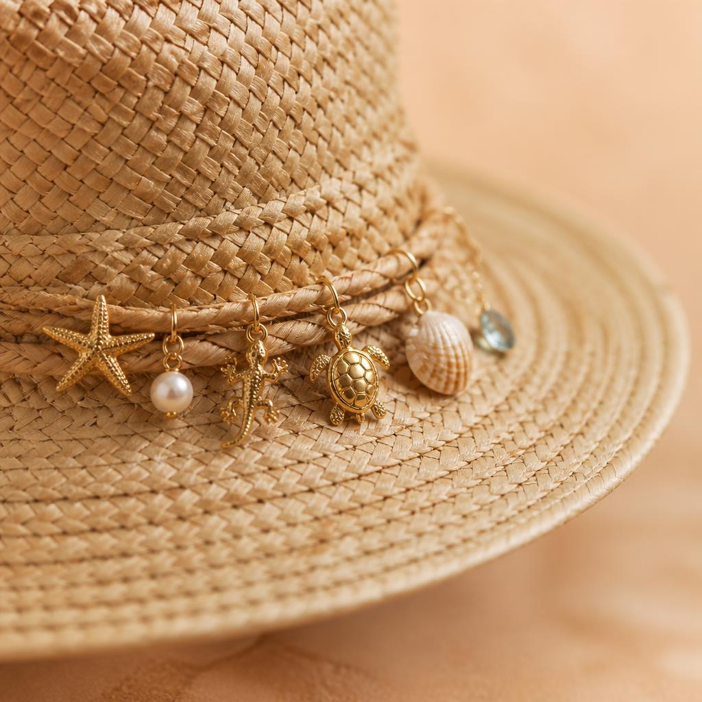 Close-up of a handwoven straw hat band with a gold starfish, pearl, gecko, turtle and shell charm placed intentionally