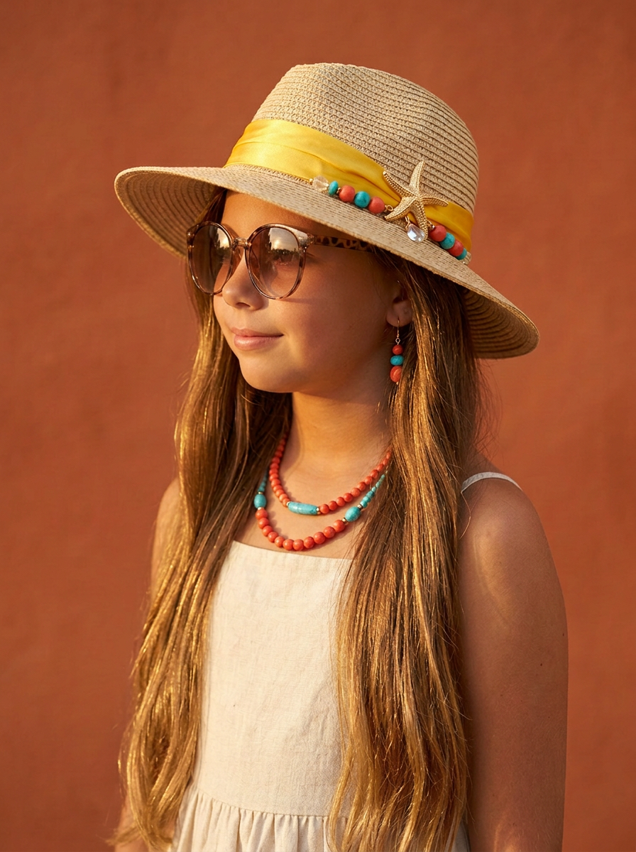 Studio portrait of Francesca in sunglasses and cream linen wearing the Lisbon Girl hat with a yellow silk ribbon, gold starfish and coral beads