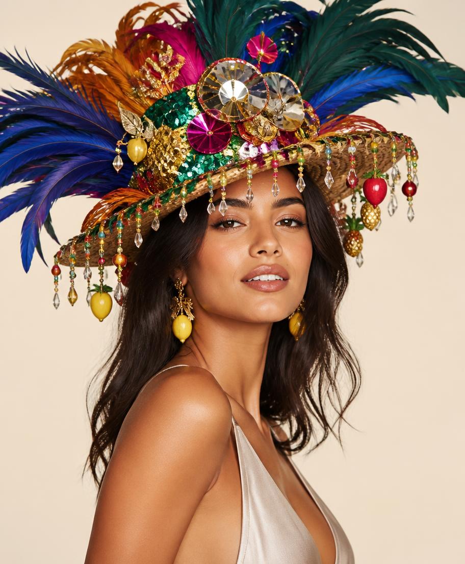 Brazilian woman in a neutral slip top wearing a spectacular carnival straw hat with jewel-toned feathers, sequins, mirrored discs and crystal drops